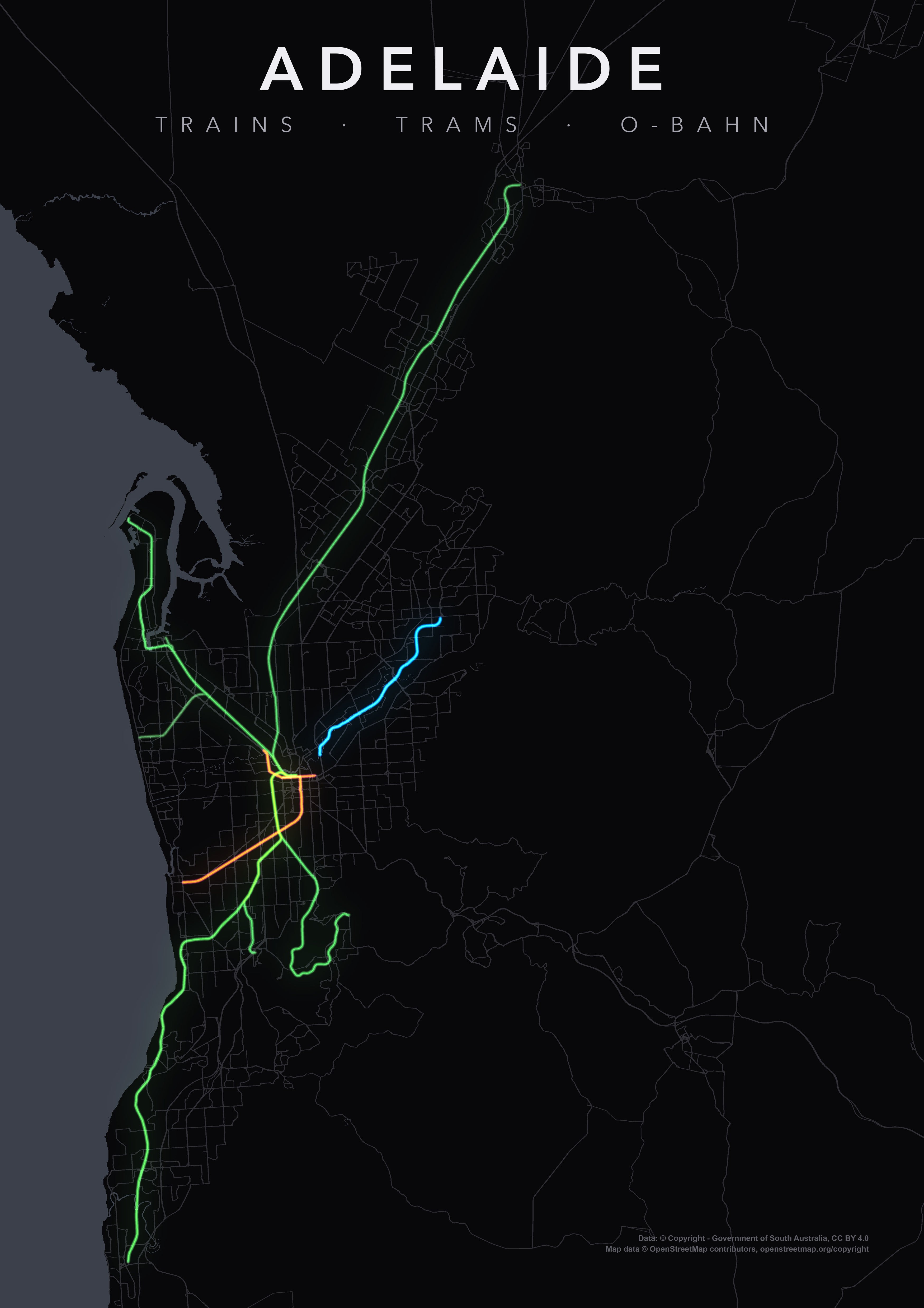 Full-resolution detail: Adelaide Trains, Trams & O-Bahn poster, with city name