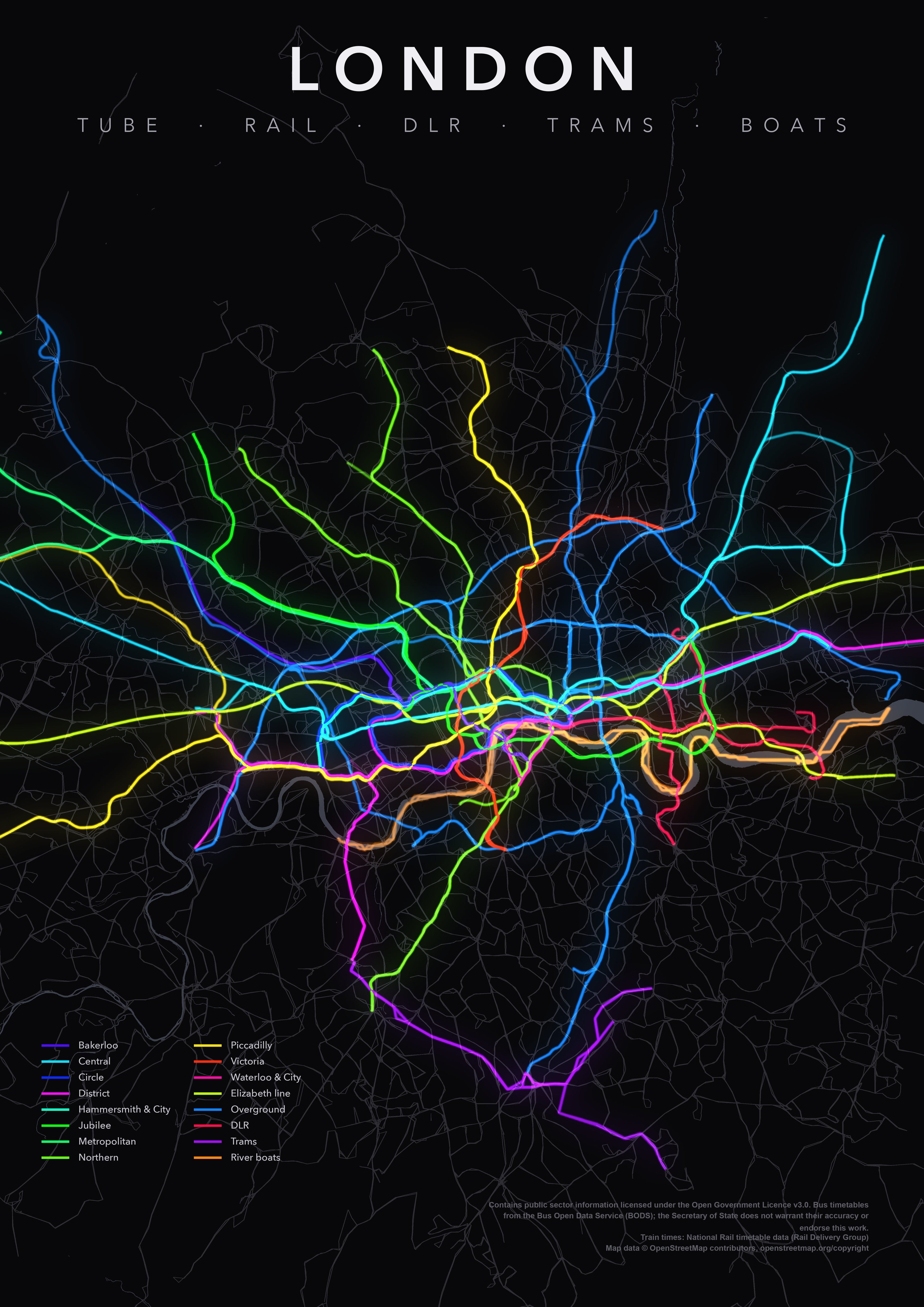 Full-resolution detail: London Transit Network (Neon Lines) poster, with city name
