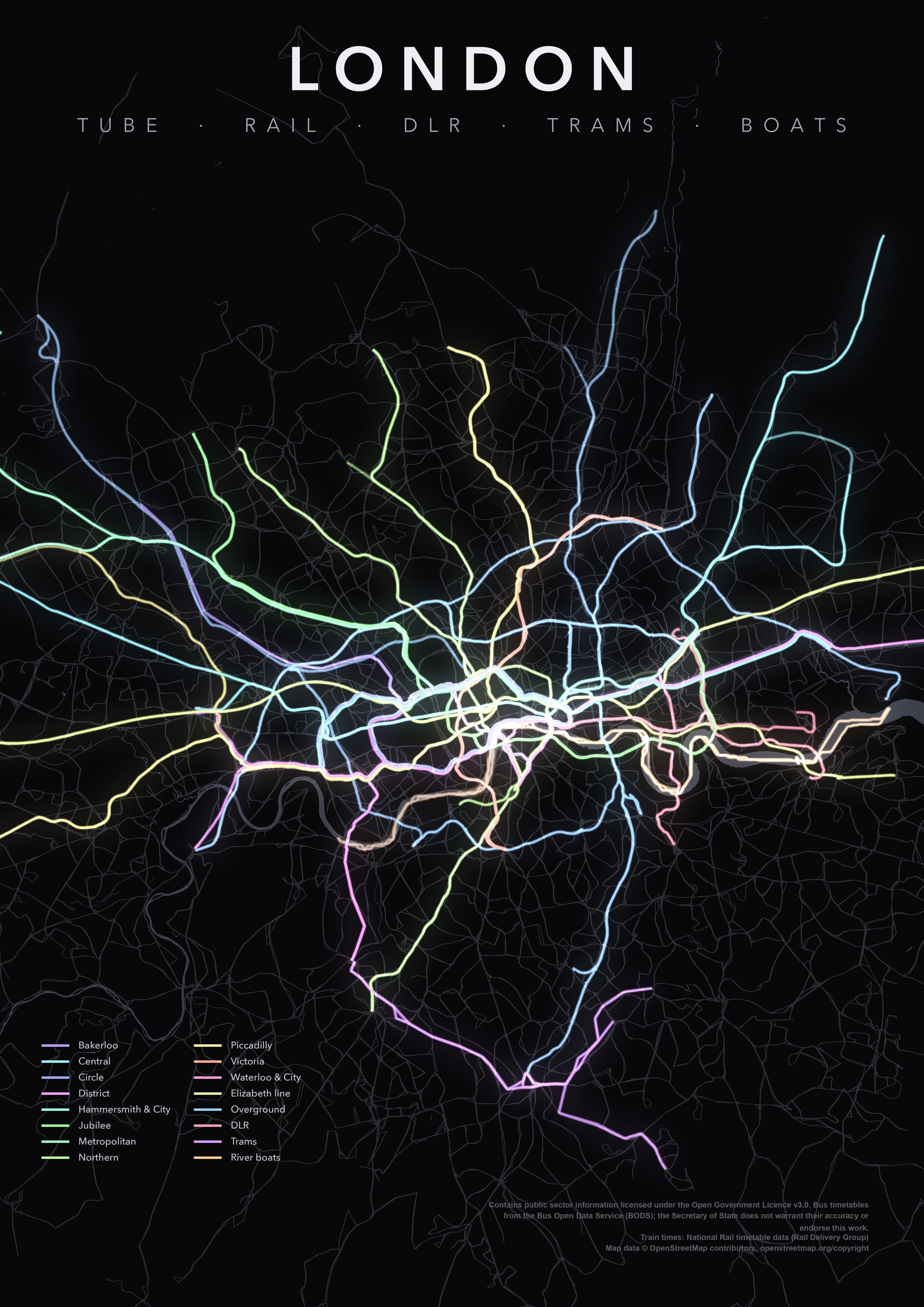 Full-resolution detail: London Transit Network (Pastel Lines) poster, with city name