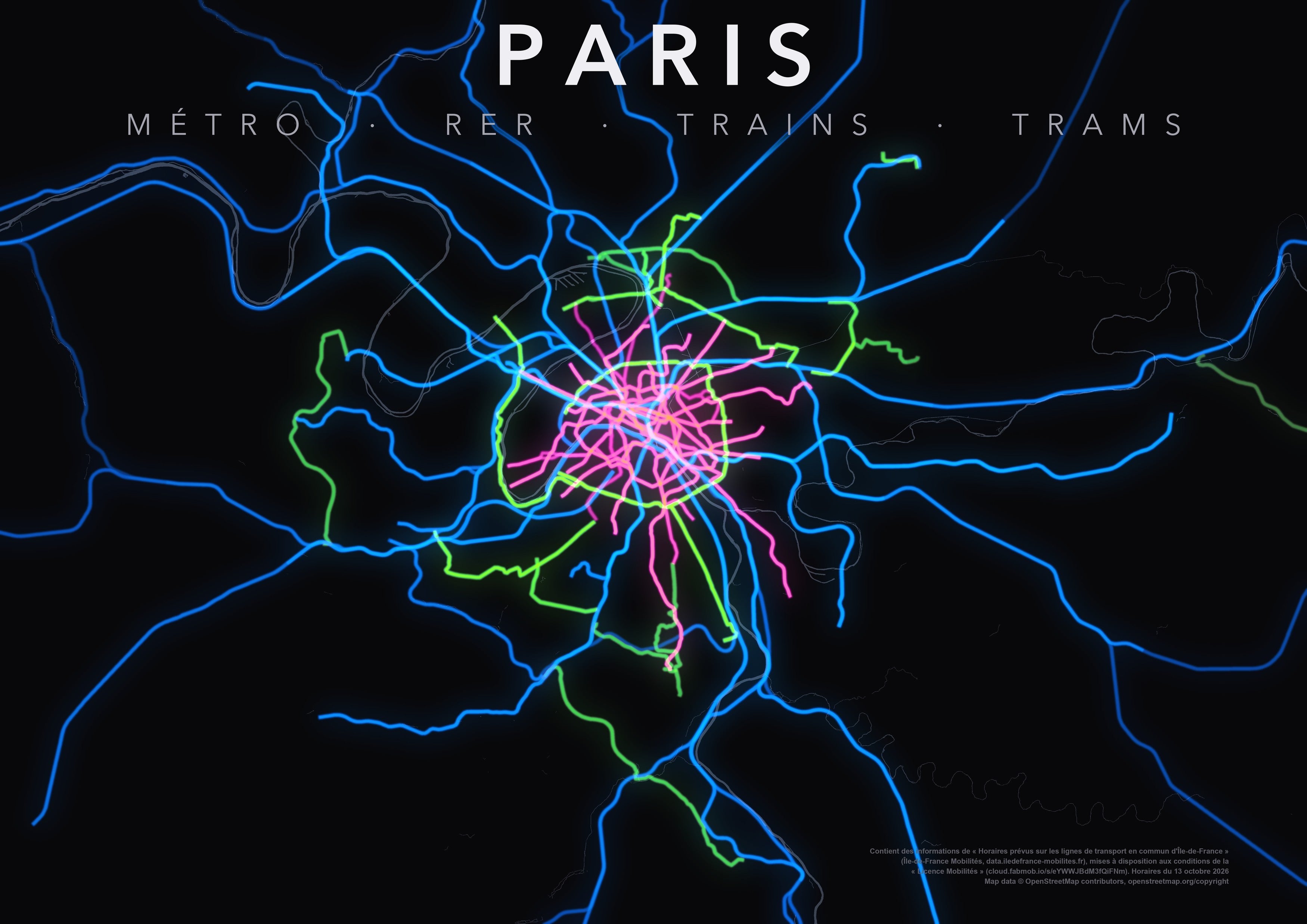 Full-resolution detail: Paris Region Rail Network poster, with city name