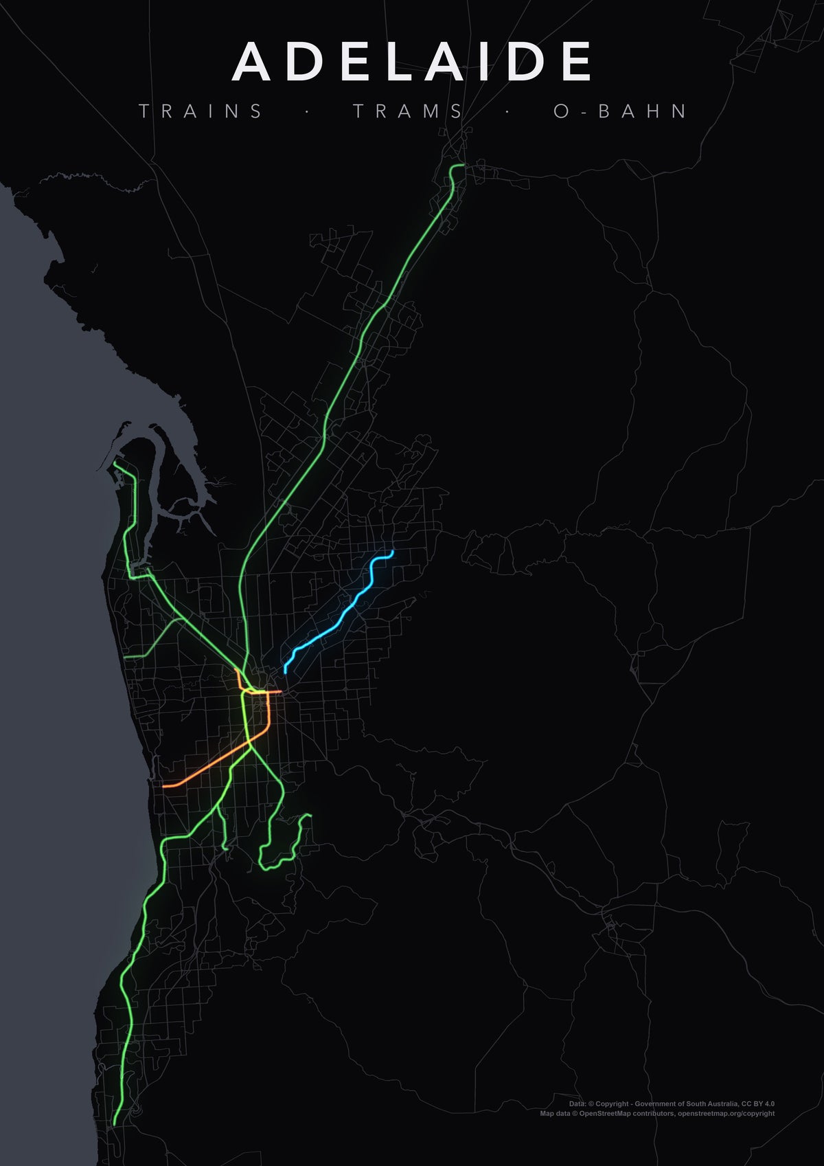 Full-resolution detail: Adelaide Trains, Trams & O-Bahn poster, with city name