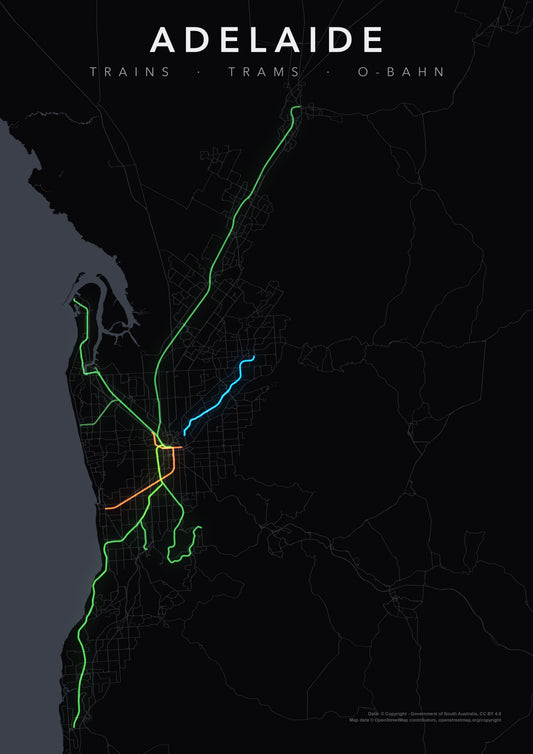Full-resolution detail: Adelaide Trains, Trams & O-Bahn poster, with city name