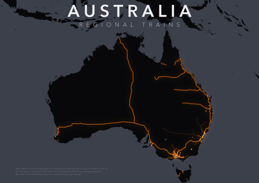 Full-resolution detail: Australia Regional Trains poster, with city name