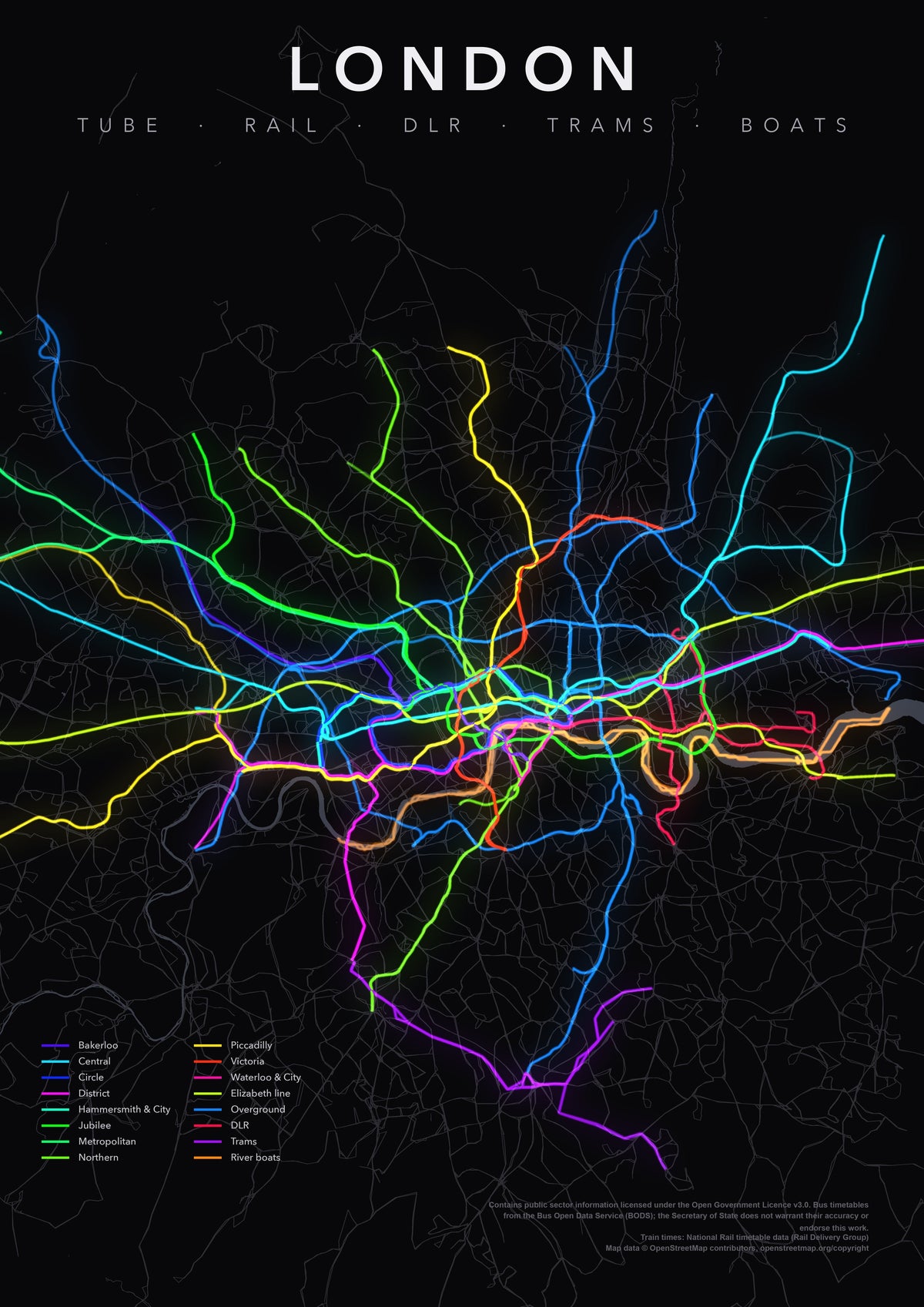 Full-resolution detail: London Transit Network (Neon Lines) poster, with city name