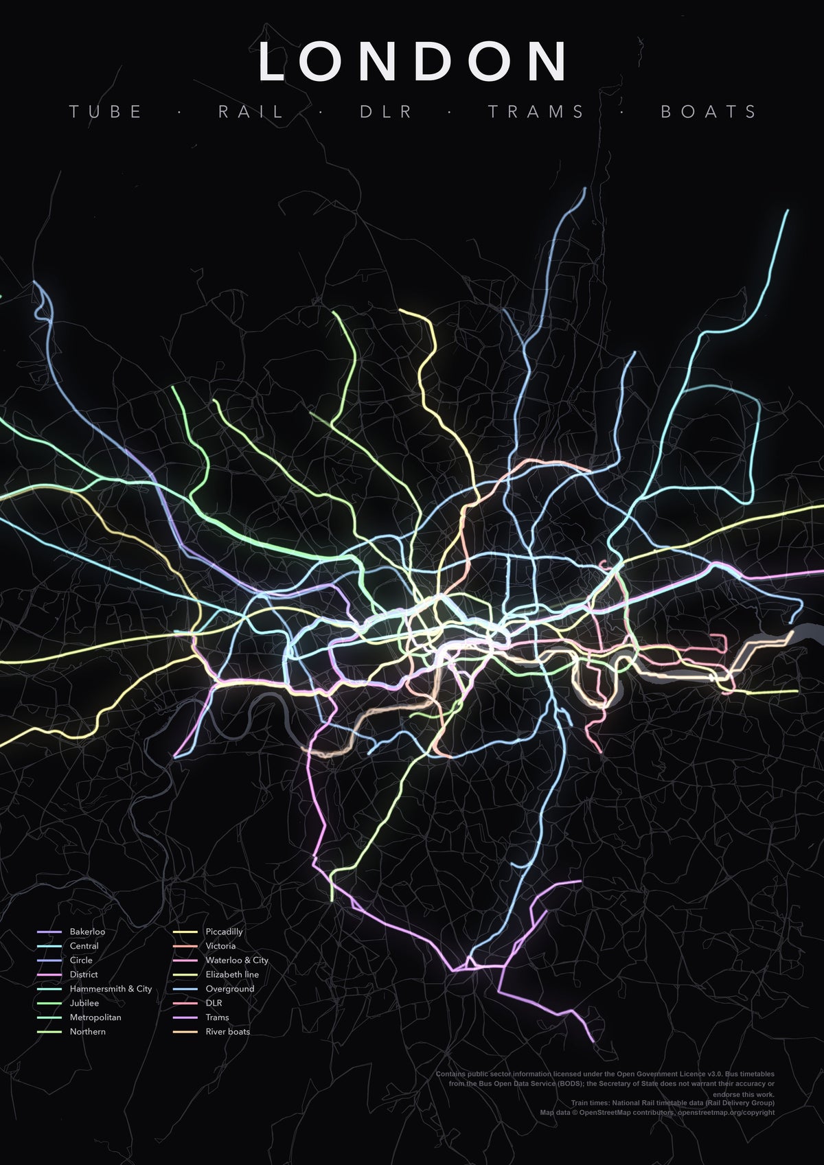 Full-resolution detail: London Transit Network (Pastel Lines) poster, with city name