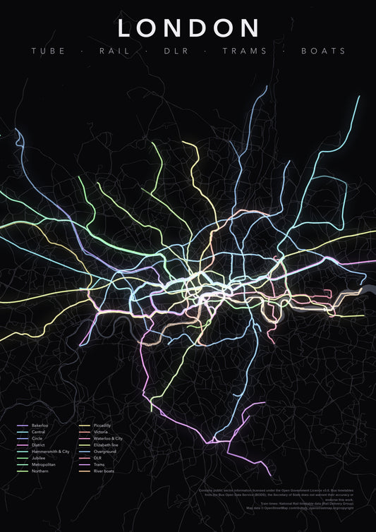 Full-resolution detail: London Transit Network (Pastel Lines) poster, with city name