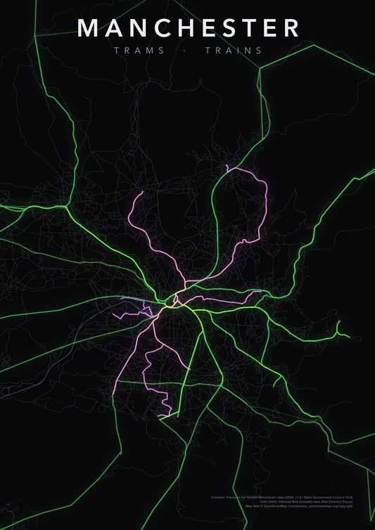 Full-resolution detail: Manchester Trams & Rail poster, with city name