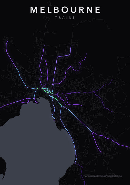 Full-resolution detail: Melbourne Trains poster, with city name