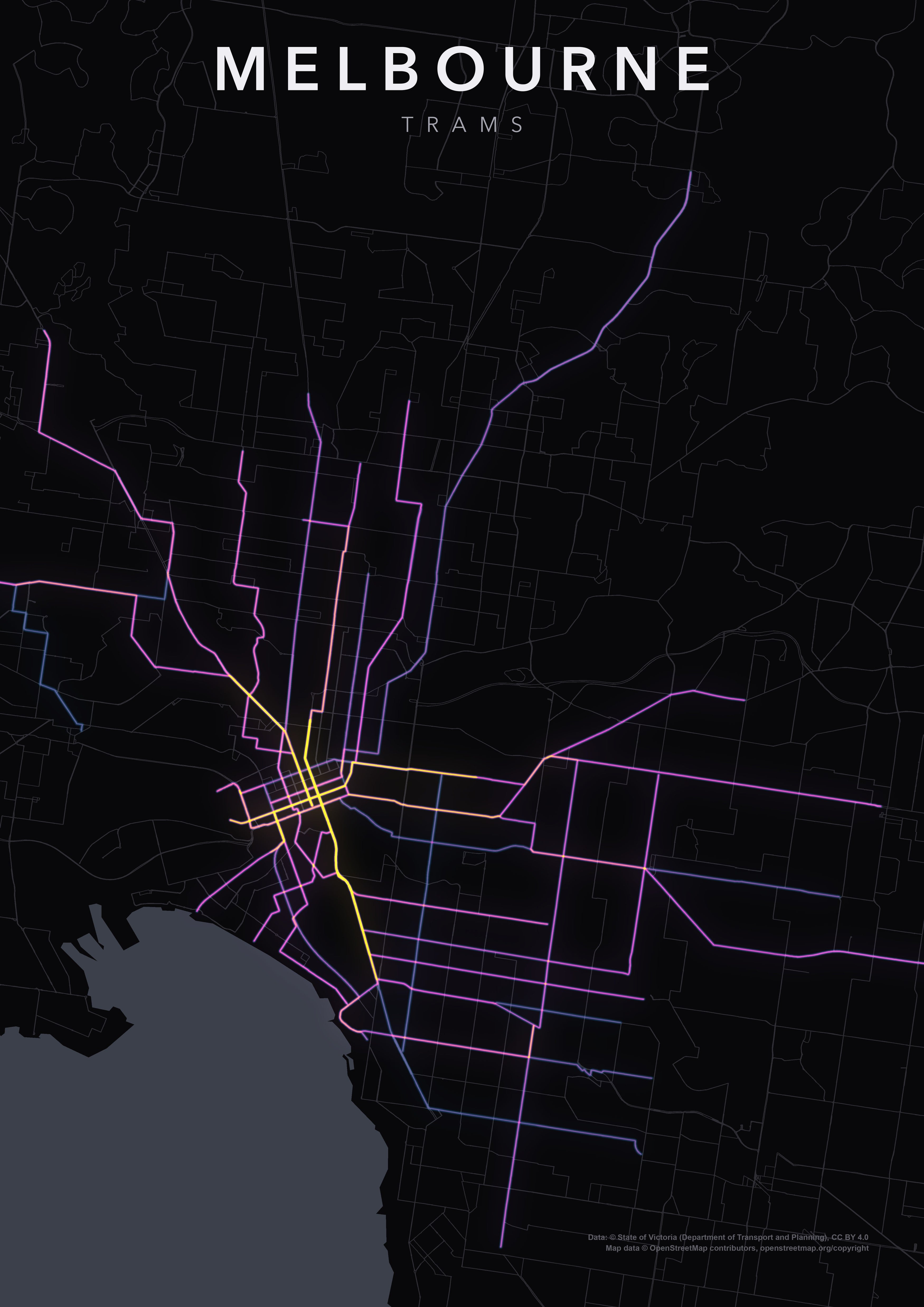 Full-resolution detail: Melbourne Trams poster, with city name