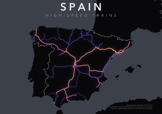 Full-resolution detail: Spain's High-Speed Trains poster, with city name